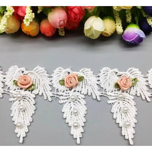 18 x Pearl Flowers Leaf Vintage Lace Trim Ribbon Applique Trimmings Fabric Embroidered Wedding Clothes Sewing Craft Decoration