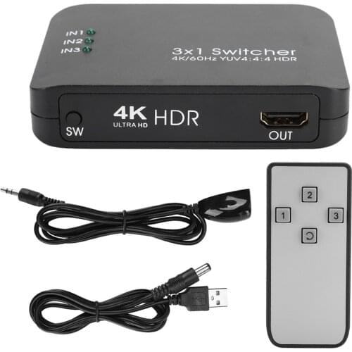 3x1 Ultra-low power 4K 2.0 Switcher one-key HD IR Remote Control Splitter Adapter with LED Indicator USB cable Support