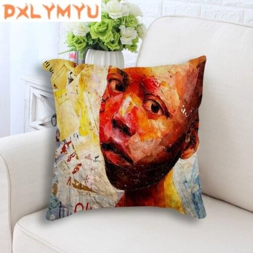 African Children Hand Printed Throw Pillow Case For Sofa Decorative Cushion Cover 45x45 cm Linen Cushion Home Decor