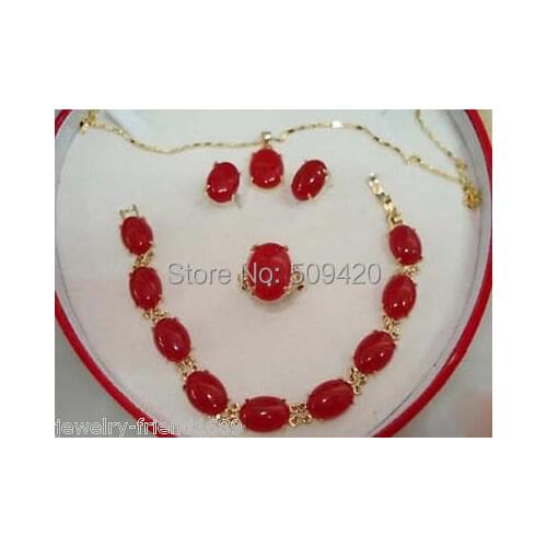Free Shipping Wholesale>Red jade Bracelet earring Pendant Necklace Set +free chain