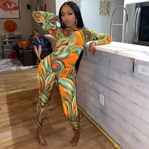 BKLD Women Clothing Winter New Round Neck Back Zipper Bodycon Slim Swirl Printing Jumpsuit Sexy Club Outfits 2020 Fashion