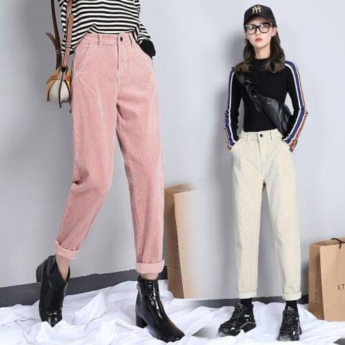 Spring autumn Womens pants high waist was thin Corduroy harem pants casual trousers Full Corduroy pants Female loose trousers