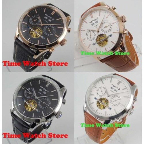 Parnis 43mm multifunction automatic mens watch Week Date Year Month display polished gold case white black dial waterproof
