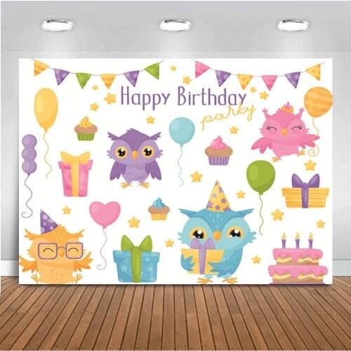 Cartoon Owl Candy Gifts Newborn Baby Photo Background Nighthawk Happy Birthday Kids Party Dessert Table Backdrops Decor Poster