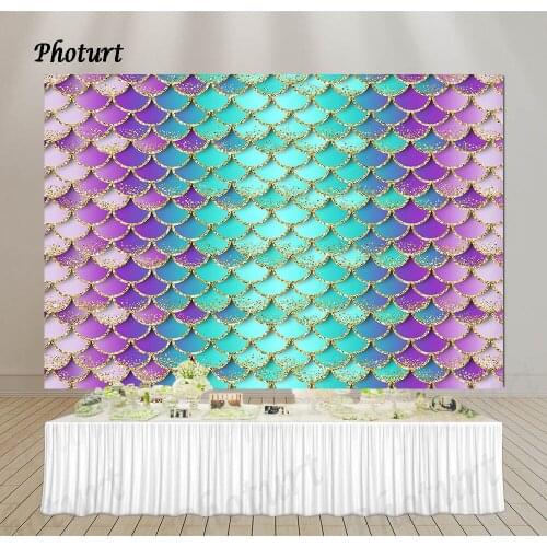 PHOTURT Mermaid Scale Photography Backdrop Bridal Shower Birthday Party Wedding Background Purple Golden Vinyl Photo Booth Props