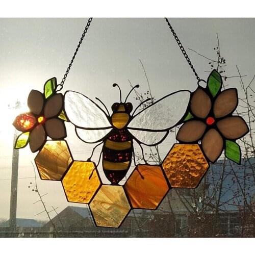 Queen & Bee Protect Honey Suncatcher Honeycomb Hanging Decor Honeybee Mosaic Window Hanging Ornament Wall Art Home Decor