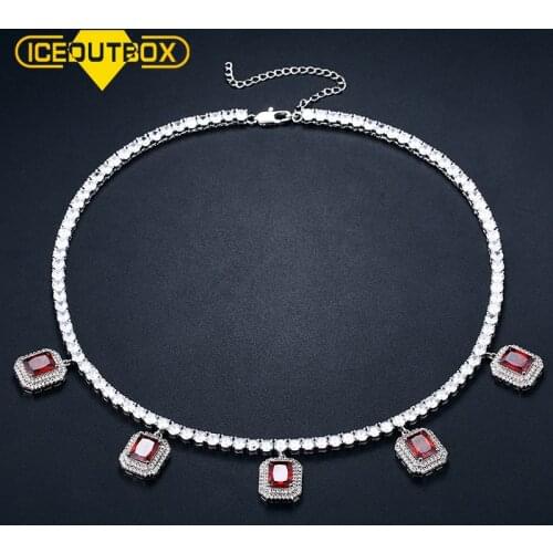 ICEOUTBOX 4mm 1 Row Crystal Tennis Chain With Drop Gem Red Pink For Women Fashion Dress Accessiory Necklace Jewelry For Gift
