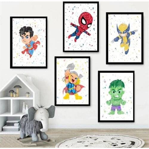 Marvel Cartoon Superheroes Canvas Painting Spiderman Iron Man Watercolor Posters Prints Wall Art Picture for Living Room Decor