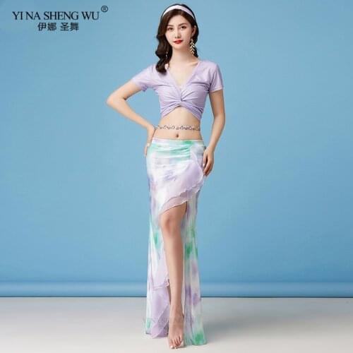 New Women Belly Dance Costume 2pcs Practice Set Sexy V-Neck Top And Tie-dyed Side Slit Skirt Oriental Suit Dancewear For Girls