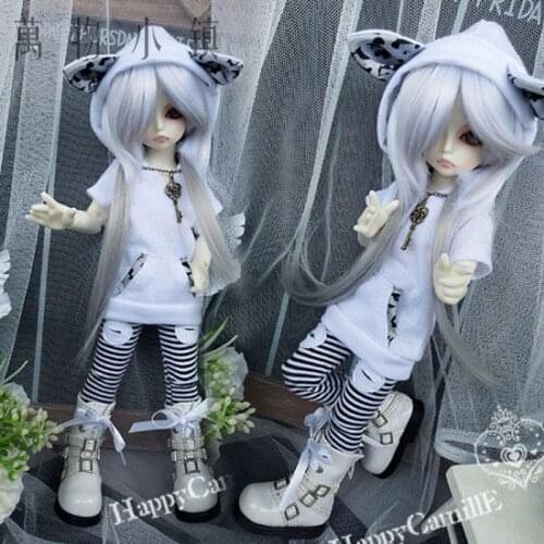 NEW Cat Rabbit Ear Black White Stripe Suit (2pcs) for BJD MSD YOSD 1/4 1/6 Doll Clothes