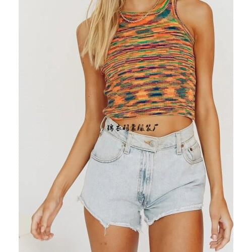 Summer Knit Crop Tank Top Women Sleeveless Woman Basic T Shirts Striped Casual Bodycon Vest Green Streetwear Tank Camis Vintage