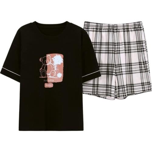 Summer Ladies Cotton Pajams Sleepwear Women Black Color Short-sleeved Pijama Suit Female Clothes Sets Outfits