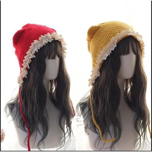 Lolita girl Cat Ear Lace Trim Sweet Handmade Knitted Hat Mori Girl Warm Lace-up Cap Kawaii Knitting Hat B896