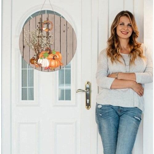 Fall Themed Round Porch Sign Cute Pumpkin Branches Welcome Banner Front Door Hanging Sign Home Decoration 25x25cm