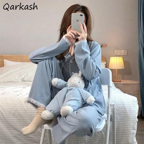 Pajama Sets Women Long Sleeve Spring Lace Ulzzang Sweet Teens Design Single Breasted Loose Comfortable Students Ladies Homewear