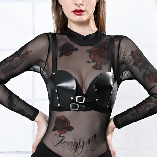 2021 New Woman Black Leather Bra Sexy Woman Black Leather Adjustable Bra Rivet Lock Clothing Accessories Gothic Nightclub