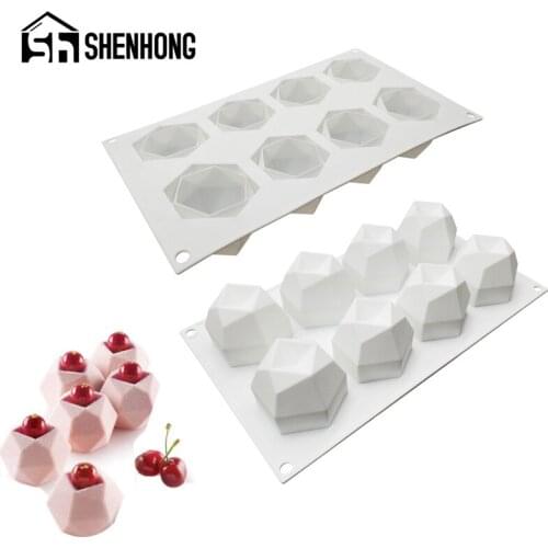 SHENHONG 8 Cavity Diamond Polygonal Silicone Cake Mold French Dessert Mousse Pastry Tray Candle Mould Muffin Sweety Baking Tools
