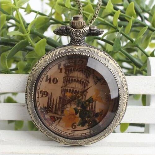 Vintage Bronze antiques Dark brown glass Leaning Tower of Pisa Arabic numeral Necklace pocket watches