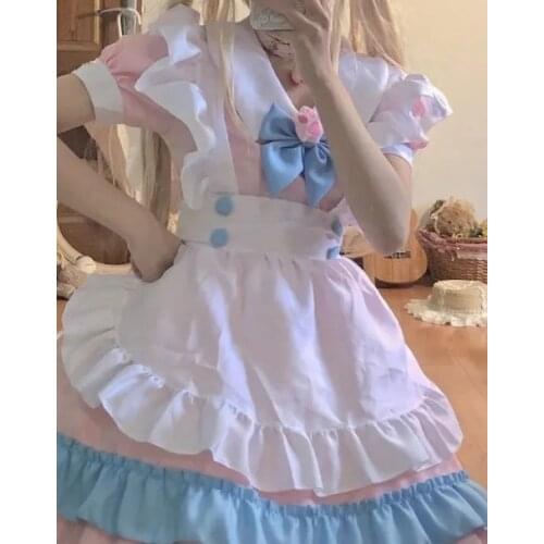 Japanese Womens Fashion Maid Clothes Cosplay Princess Dress Lolita Pink Blue Lolita Halloween Costumes for Women