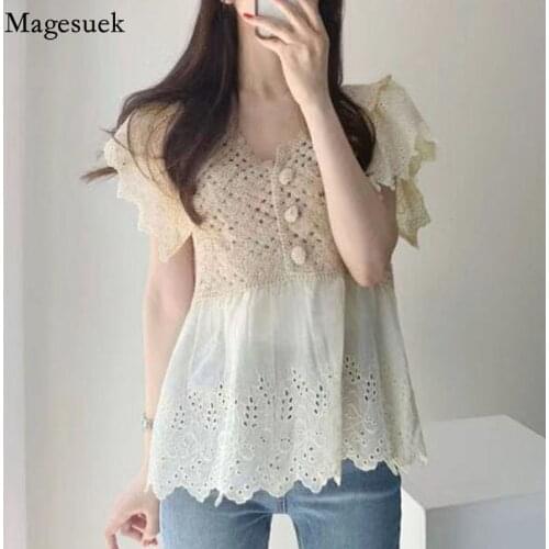 V-neck Hollow Out Loose Sweet Blouse Women Korean Flower Crochet Stitching Tops Summer Short Sleeve White Shirt New Blusas 15760