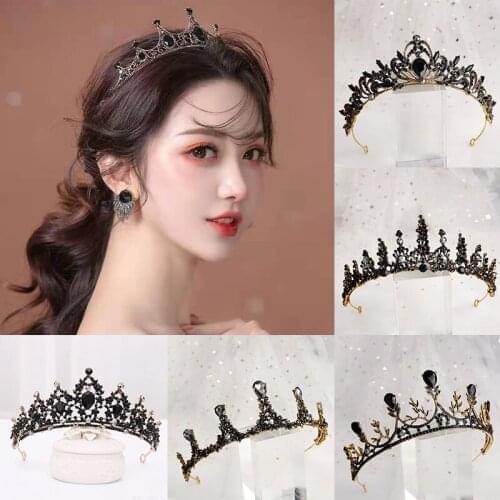 Women Luxury Crowns Crystal Tiaras Black Rhinestone Hair Accessory Bridal Wedding Baroque Retro