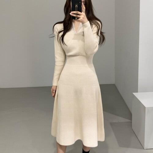 Ladies Knit Sweater Dress Elegant Casual Knitwear Dress Autumn Winter Women Elegant Korean V-Neck Full Sleeve A-Line High Waist
