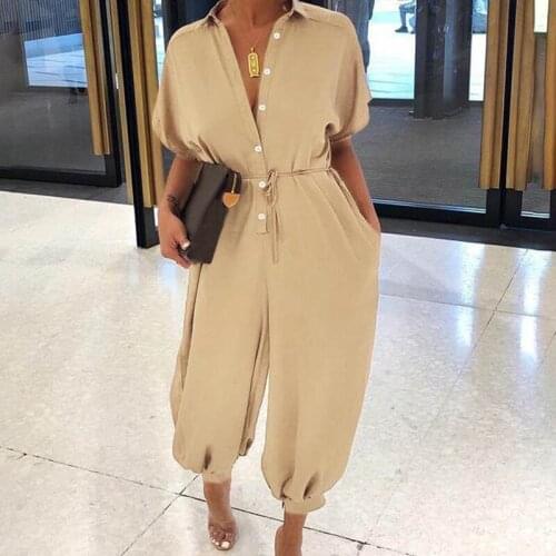 2020 Sexy V-Neck Button Lace-Up Jumpsuit Summer Short Sleeve Loose Playsuit Overalls Women Elegant Leopard Print Pocket Rompers