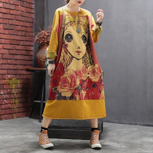 Art Harajuku Cartoon Flower Girl Pattern Women Dress Long Sleeve Autumn Pullover Long Dresses Kawaii Cute Vintage Vestidos Robes