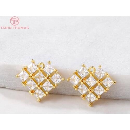 2PCS 17x14MM Hole 1MM 24K Gold Color Plated Brass with Zircon Heart Charms Pendants High Quality Diy Jewelry Accessories