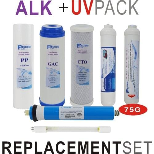 Alkaline Ultraviolet Reverse Osmosis System Replacement Filter Set - 7 Filters with 6W UV Bulb and 75 GPD RO Membrane Elements