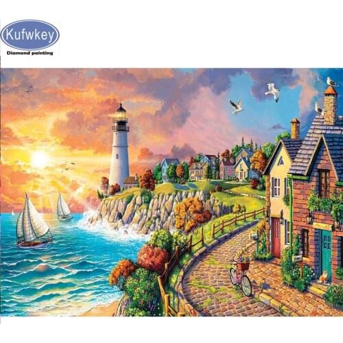 DIY Full Square Round Drill diamond painting Seaside town mosaic embroidery landscape 5D Cross Stitch Kit lighthouse landscape