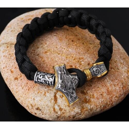 Stainless Steel Vintage Nordic Viking Thor Hammer Mjolnir&Rune Bead Parachute Cord Bracelet Mens Amulte Gift
