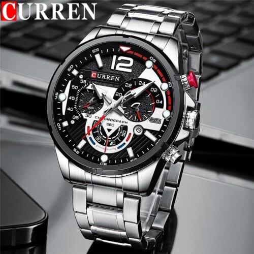 CURREN Man WristWatch Waterproof Chronograph Men Watch Military Top Brand Luxury Silver Stainless Steel Sport Male Clock 8395