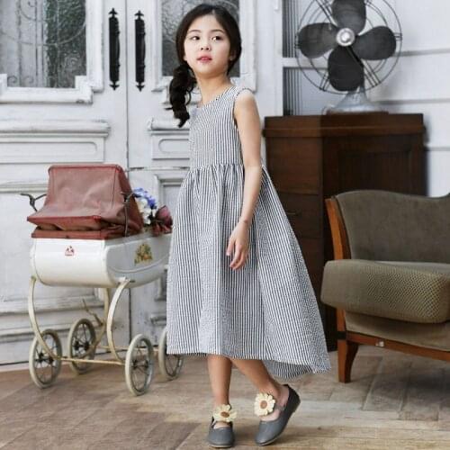 2019 Summer Big Girls Dresses Kid Cotton Stripe Sleeveless Party Pageant Prom Teens Dress Linen Princess Fashion Girl Clothes