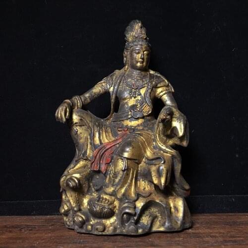 Home Decor 8"Tibet Buddhism Temple Old Bronze Gilt Free guanyin Bodhisattva Statue Amitabha Enshrine the Buddha