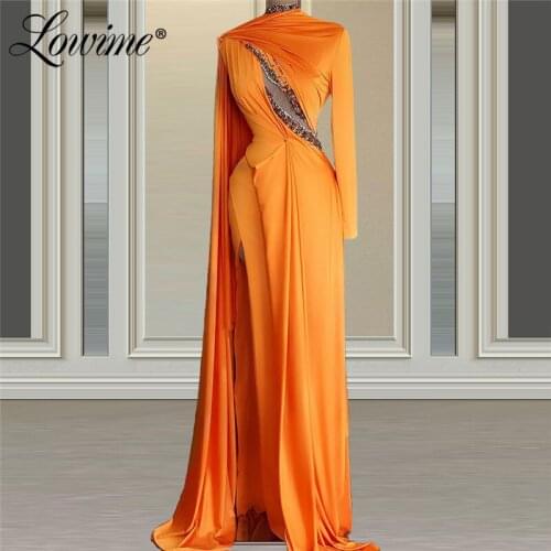 Dubai Plus Size Evening Dresses Elegant Orange Crystals Beaded Muslim Arabic Party Dress Long Sleeve Middle East Prom Gowns 2021