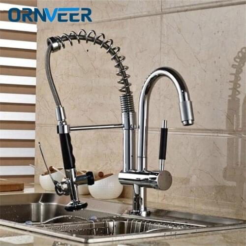 Dual Spouts 360 Swivel Handheld Shower Kitchen Mixer Crane Hot Cold 2 Outlet Spring Taps Chrome Spring Pull Down Kitchen Faucet
