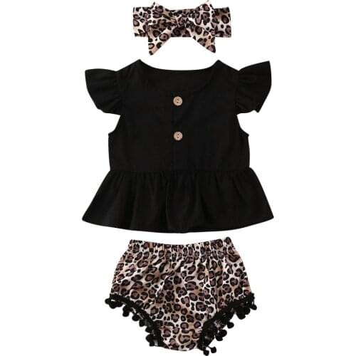 3PCS Infant Kids Baby Girls Boys Clothes Sets Ruffles Sleeve Black T Shirts Tops Leopard Floral Print Tassel Shorts Headband