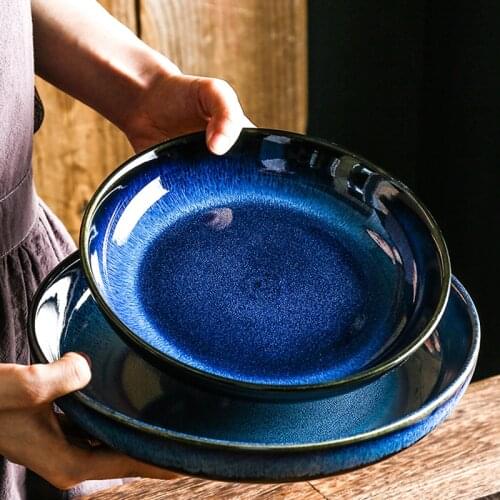 KINGLANG Japanese Ceramic Deep Round Dish Soup Pasta Plate Family Salad Fruit Plate Procelain Large Plate