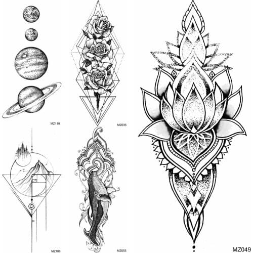 Fashion Lotus Temporary Tattoo Fake Black Whale Planets Tatoo For Adult Body Art Drawing Arm Tatoo Waterproof Beauty Decor Tatoo