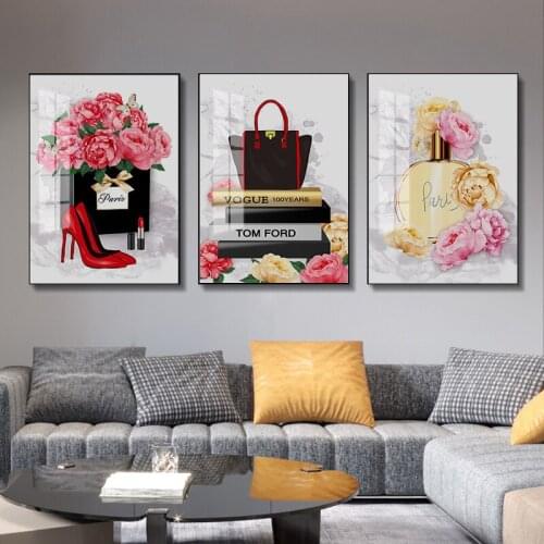 Fashion Art Poster Pink Luxury High Heels Bag Canvas Print Wall Painting Beauty Salon Girls Room Decoration Creative Picture