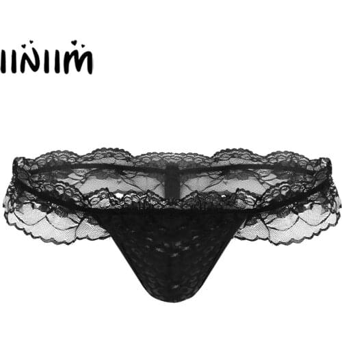 Iiniim Mens Hot Lingerie Low Rise Smooth Touch Ruffle Lace Open Back Bulge Pouch Bikini G-string T-back Underwear Gay Underpants
