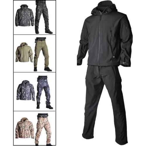 Mens Military Tactical Jacket Suit Outdoor Sport Camouflage Hunting Fleece Hooded Coat Army Camouflage SoftShell Jacket + Pants