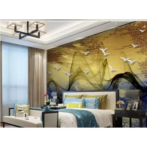 Custom Wall Mural Modern Art Painting Mural Wallpaper Abstract line flying bird golden mural background wall