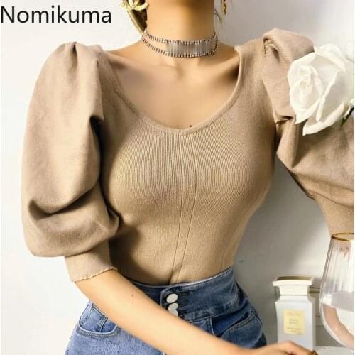 Nomikuma Sexy Short Stretch Slim Knitted Tops Korean Square Collar Puff Sleeve Knitwear 2021 Spring Summer New Sweaters 6F906