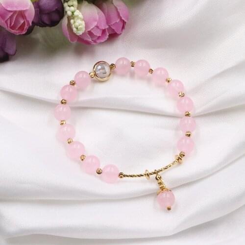 Lovely Pink Crystal Beads Bracelet Women Girls Gifts Natural Stone Strand Elastic Rope Bracelets Bangles Wrist Jewelry 7.5" B306