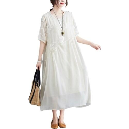 Plus Size Loose Summer Casual Chiffon Women Dresses Long Top Shirt For Ladies Loose Short Sleeve Female Dress Clothing FC1204