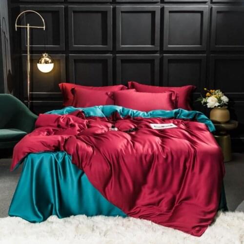 Luxury Wine Red/Blue Splicing 100S Tencel Silk Bedding Set Super Soft Breathable Queen King Duvet Cover Bed Sheet Pillowcases