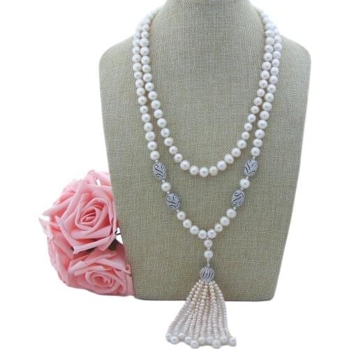 Y·YING luxury 2 Strands Cultured White Round Freshwater Pearl Cubic Zirconia Pave connector Pendant Necklace 22"