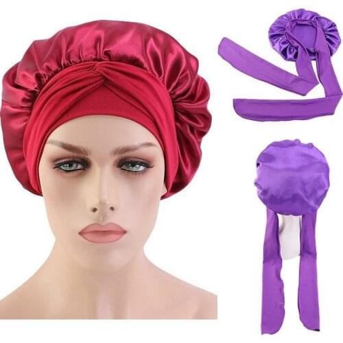 Women Solid Satin Bonnet with Wide Stretch Ties Long Hair Care Night Sleep Hat Adjust Hair Styling Cap Silk Head Wrap Shower Cap